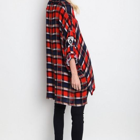 Red Plaid UMGEE Oversized Button Down BOHO Shirt - Picture 2 of 4
